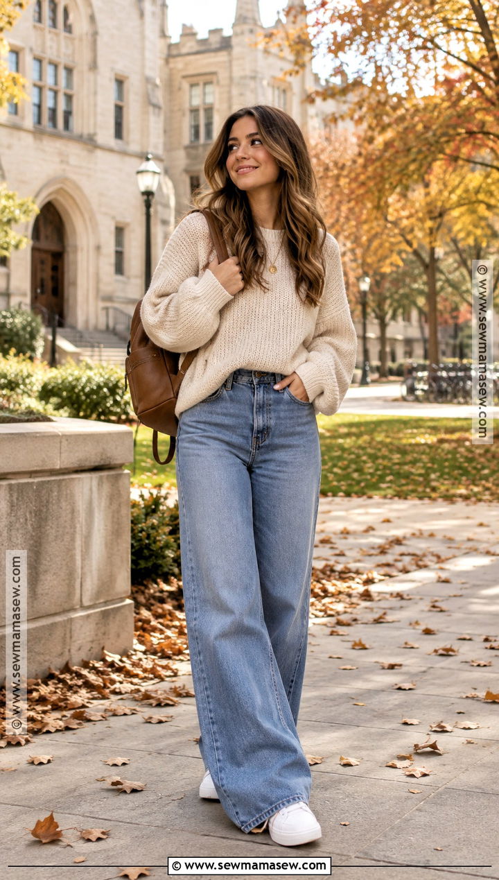 Oversized Sweater And Wide Leg Jeans Fall Semester Outfit - 20 fall semester outfits