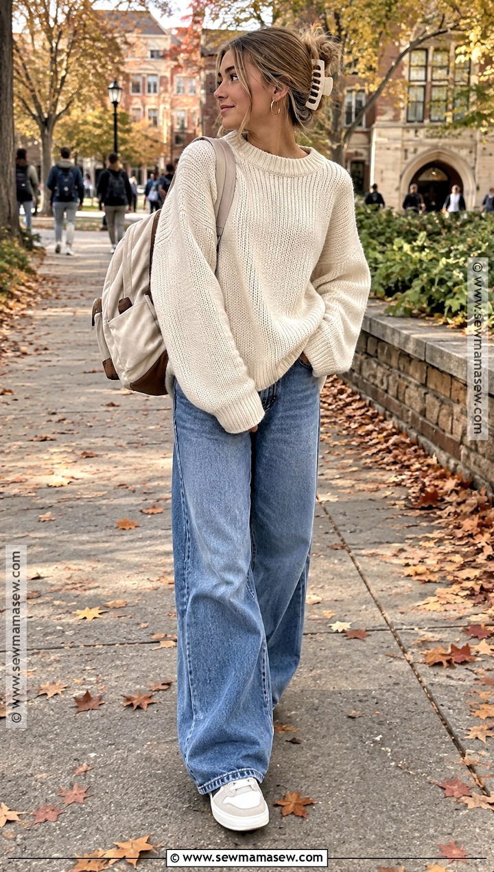 Oversized Sweater And Wide Leg Jeans Outfit - 20 Fall Teen Girl Outfits