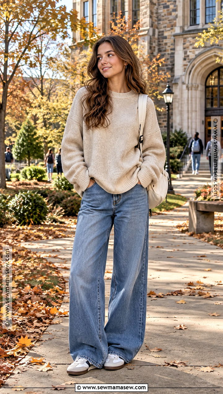 Oversized Sweater And Wide Leg Jeans School Outfit - 25 fall fits for school