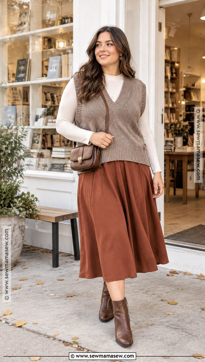Oversized Sweater Vest With Midi Skirt And Boots - 15 casual fall fashion vest ideas