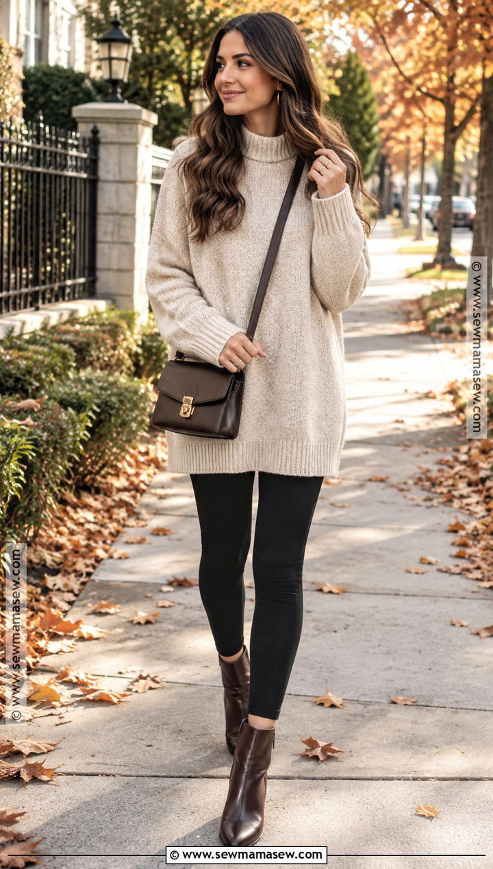 Oversized Sweater With Black Leggings And Ankle Boots - 20 Fall Outfits Women Leggings