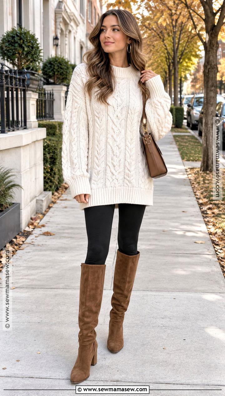 Oversized Sweater With Black Leggings And Knee High Boots - 15 fall outfits 2026 leggings
