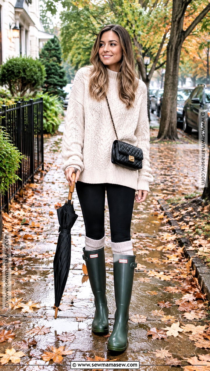 Oversized Sweater With Leggings And Rain Boots - 20 rainboots outfit fall ideas