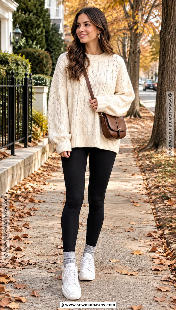 Oversized Sweater With Leggings And Sneakers - 15 comfy sunday outfit fall ideas