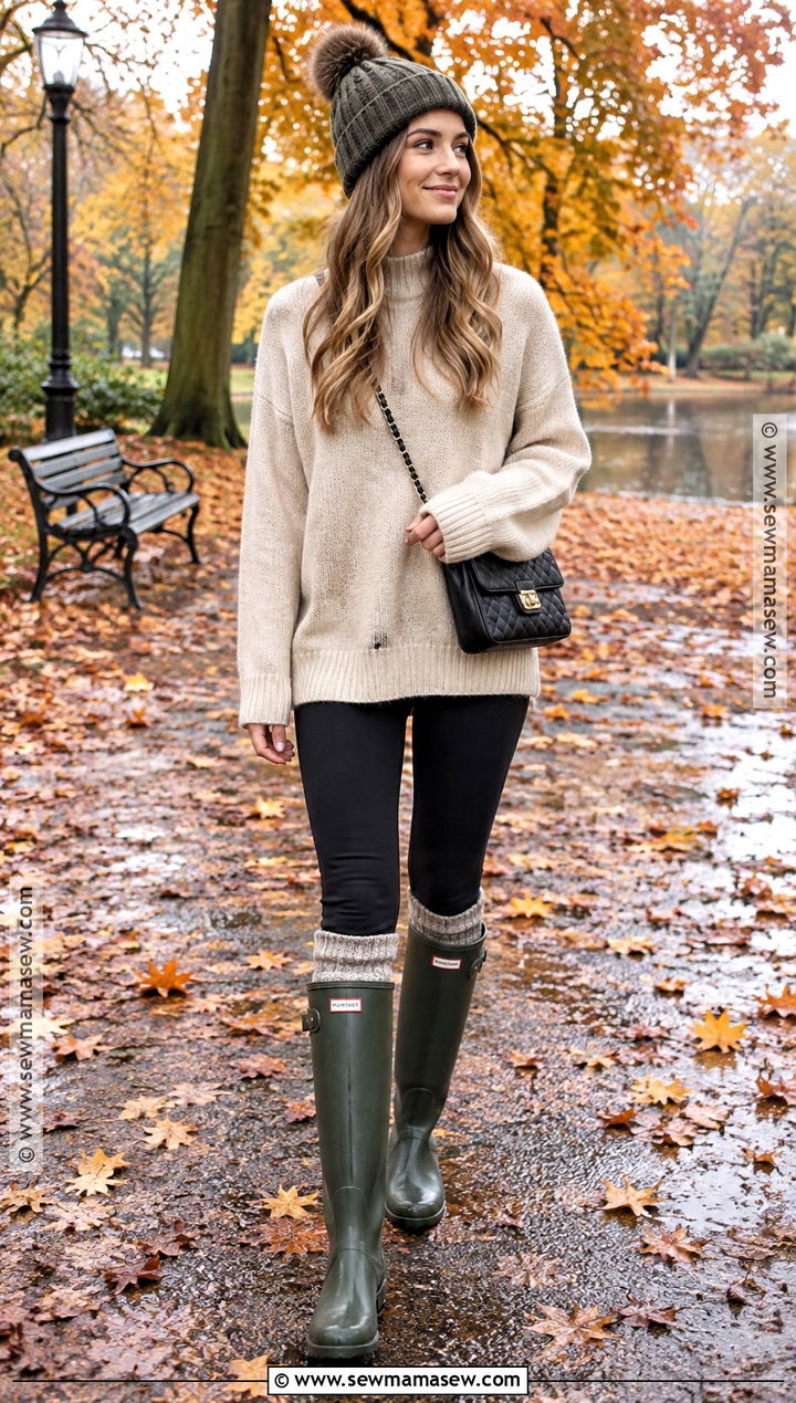 Oversized Sweater With Leggings And Tall Rain Boots - 15 Autumn Outfit With Rain Boots