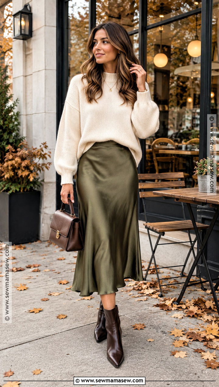 Oversized Sweater With Satin Skirt And Ankle Boots - 25 fall attire ideas