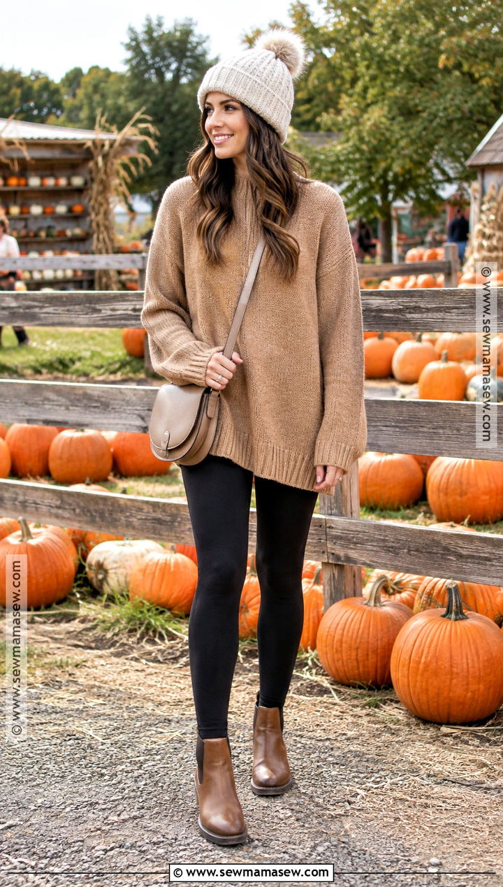 Oversized Sweater and Black Leggings Pumpkin Patch Outfit - 20 Pumpkin Patch Mom Outfit Ideas