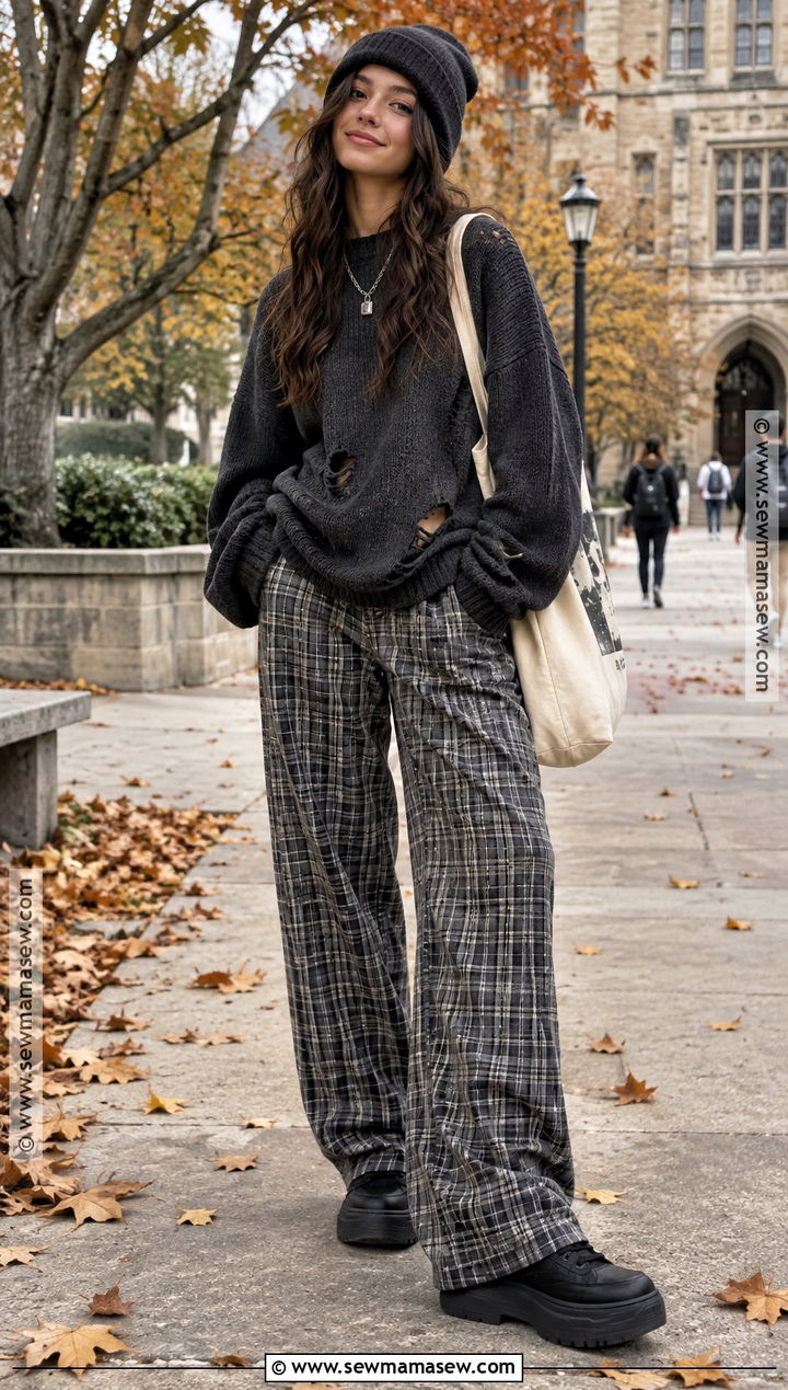 Oversized Sweater and Plaid Pants Fall Grunge Outfit - 15 cute fall grunge outfits