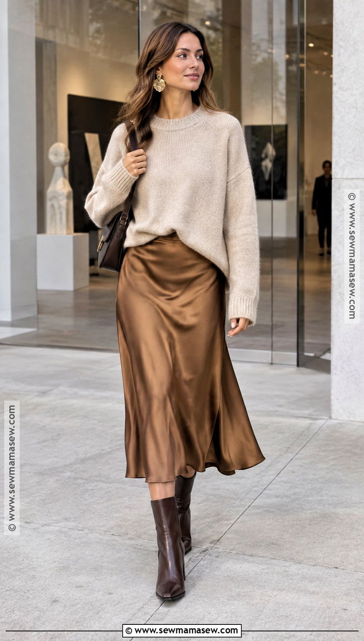 Oversized Sweater and Satin Midi Skirt Autumn Outfit - 20 autumn outfits 2026 women trends