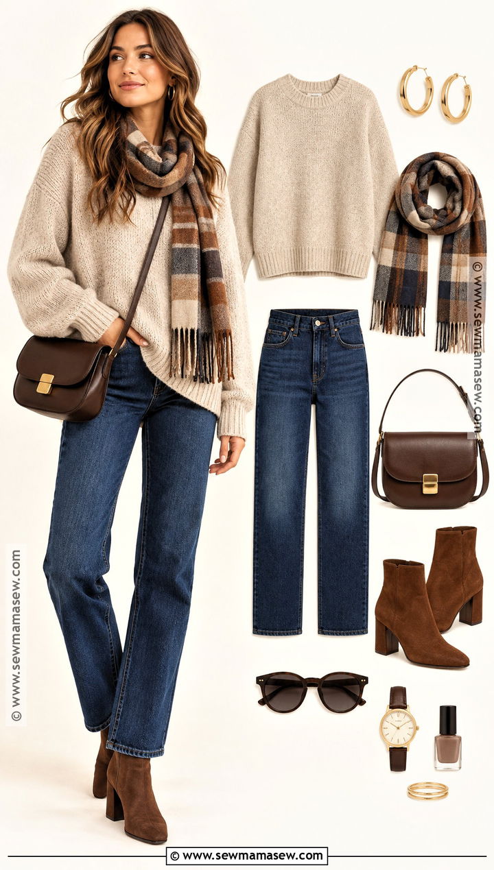 Oversized Sweater and Straight Leg Jeans Autumn Outfit - 15 cozy autumn outfit collage ideas