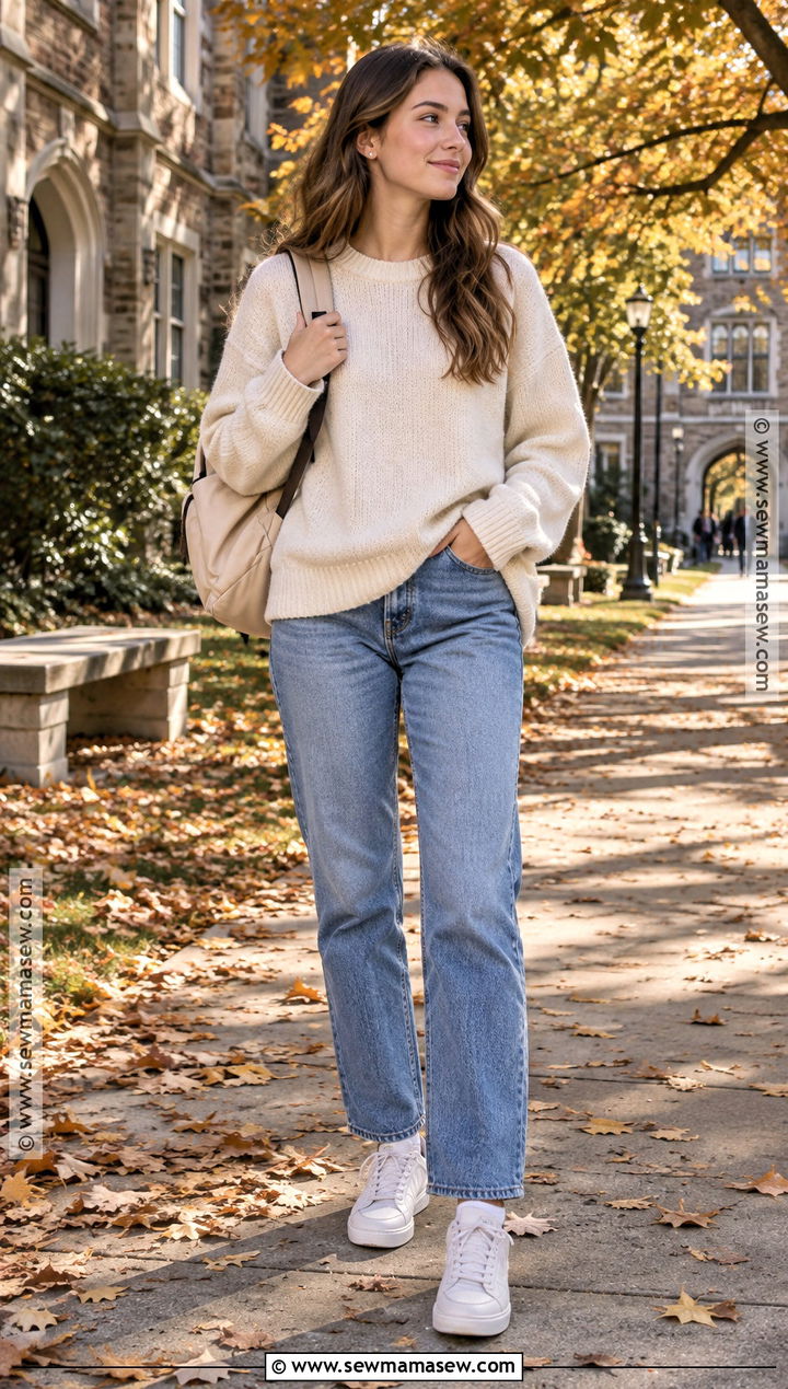 Oversized Sweater and Straight Leg Jeans Fall School Outfit - 25 outfit ideas autumn school
