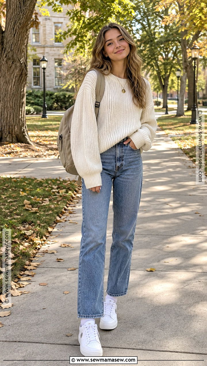 Oversized Sweater and Straight Leg Jeans Fall School Outfit - 15 cute outfits for fall school
