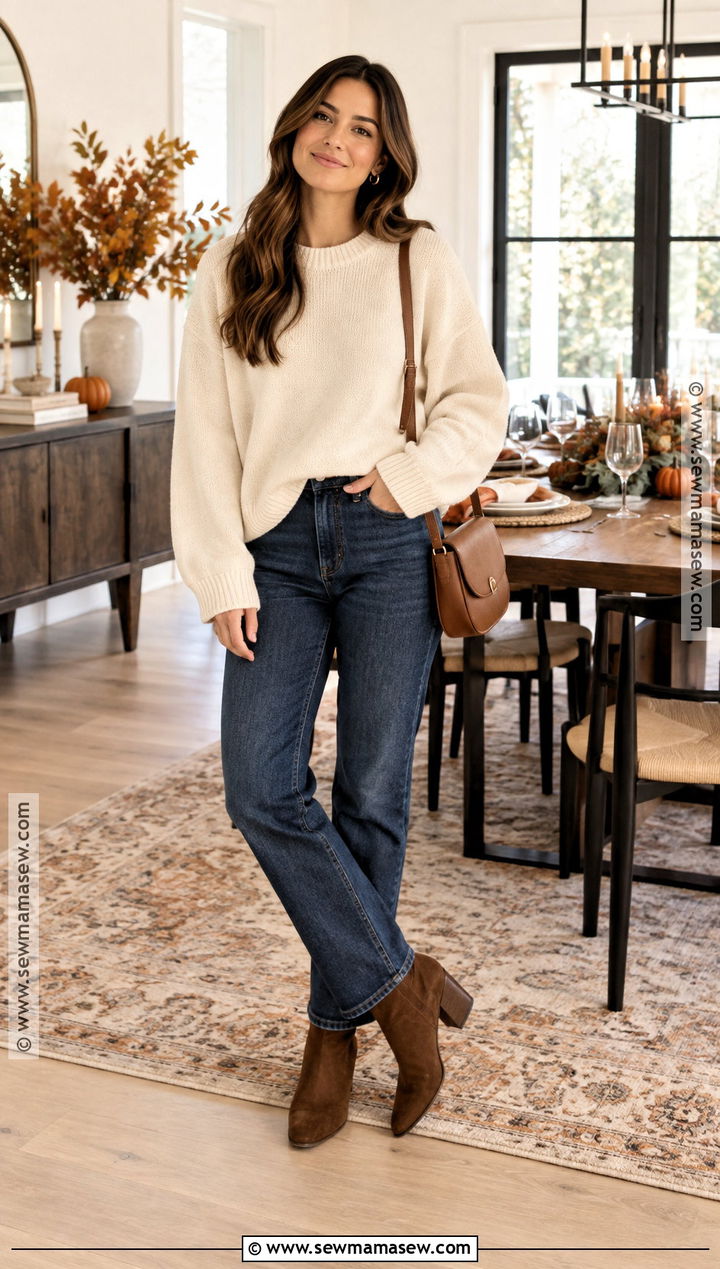 Oversized Sweater and Straight Leg Jeans Friendsgiving Outfit - 25 Friendsgiving Outfits for Women