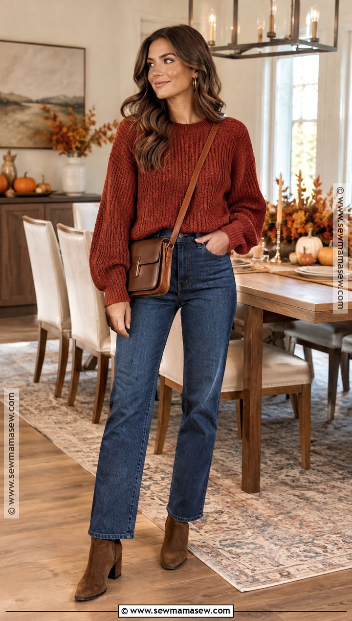 Oversized Sweater and Straight Leg Jeans Thanksgiving Outfit - 20 Comfy Thanksgiving Day Outfits