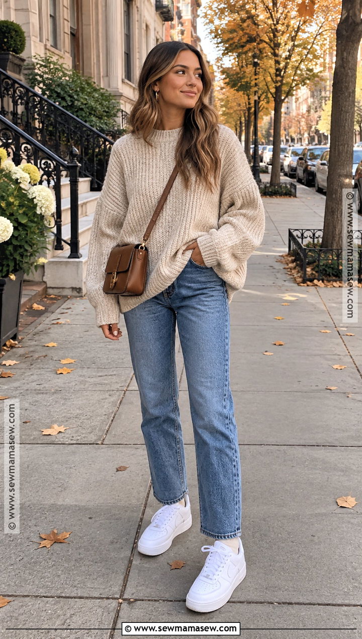 Oversized Sweater and Straight Leg Jeans With Air Force Ones - 15 Fall Outfit With Air Force Ones Ideas