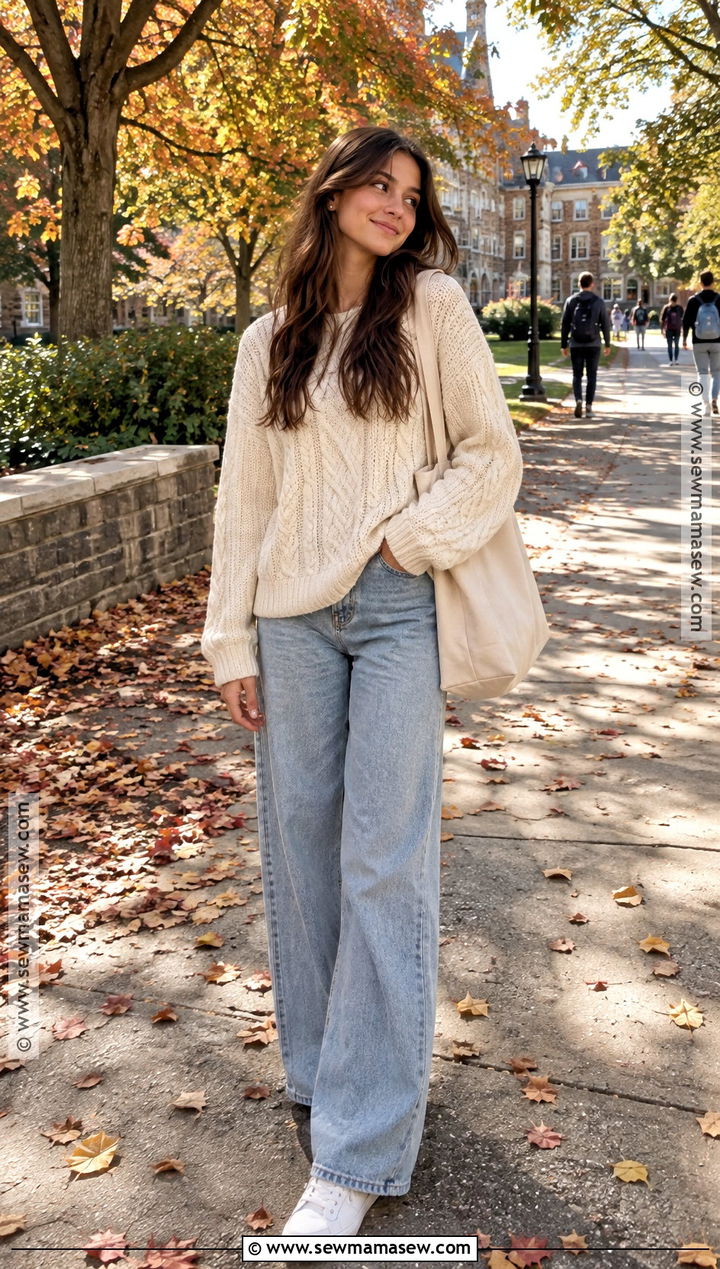 Oversized Sweater and Wide Leg Jeans School Outfit - 20 aesthetic fall outfits for school