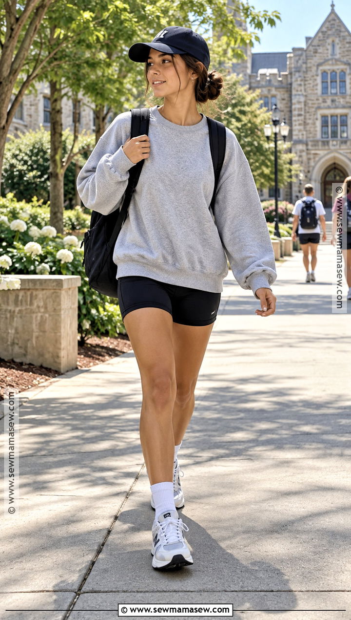 Oversized Sweatshirt And Biker Shorts School Outfit - 20 cute outfits back to school