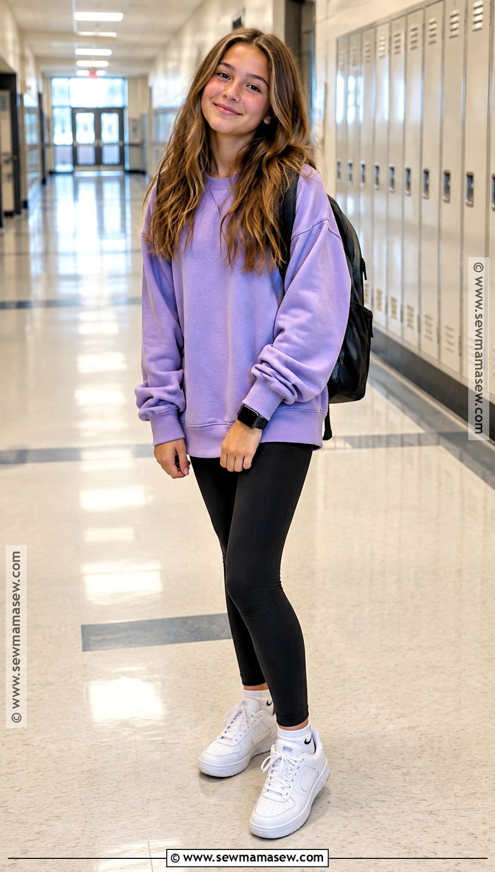 Oversized Sweatshirt And Leggings Outfit - 20 Back To School 7Th Grade Outfits