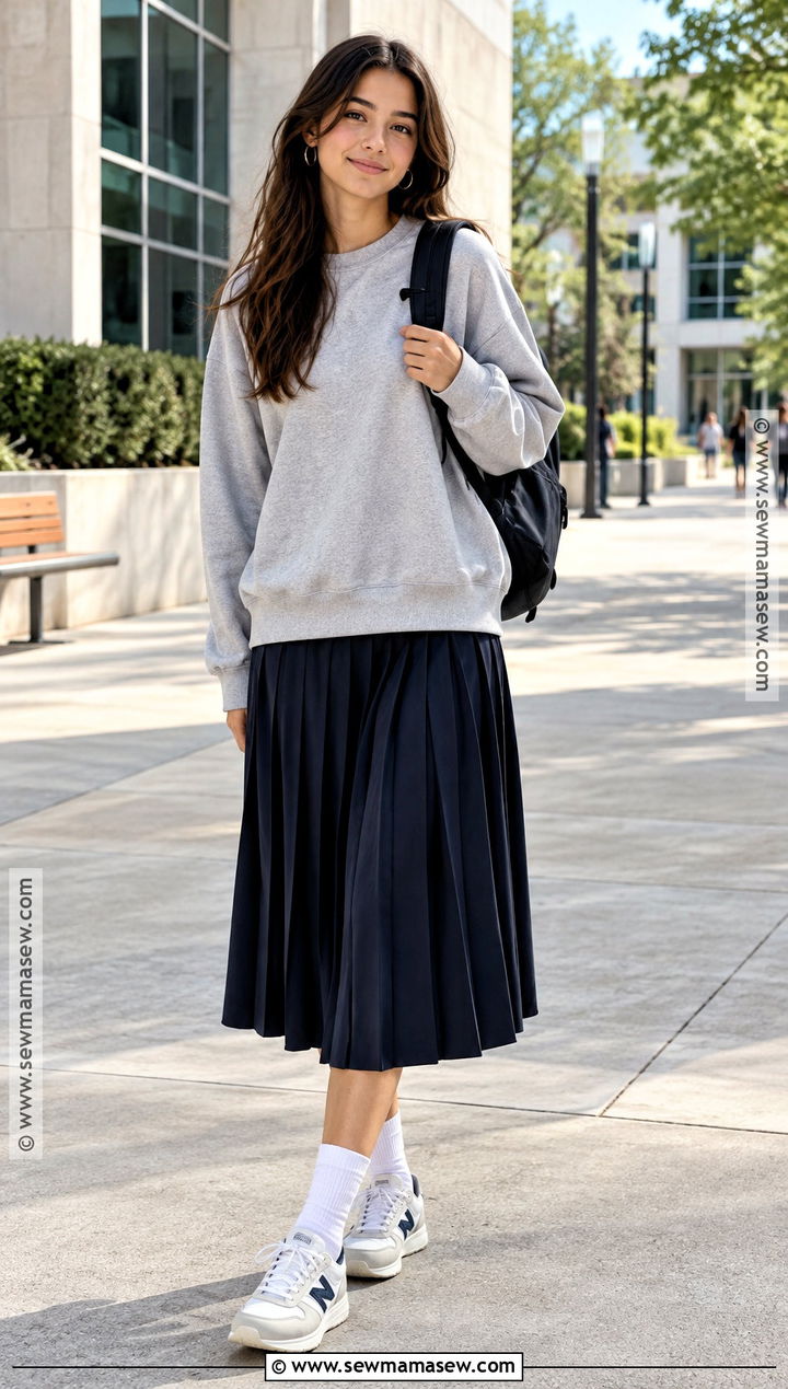 Oversized Sweatshirt And Pleated Skirt Outfit - 15 back to school street style ideas