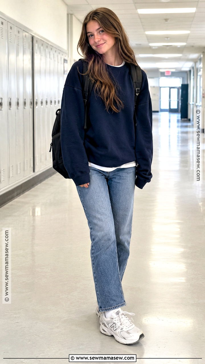 Oversized Sweatshirt And Straight Leg Jeans High School Outfit - 20 fall outfits high school