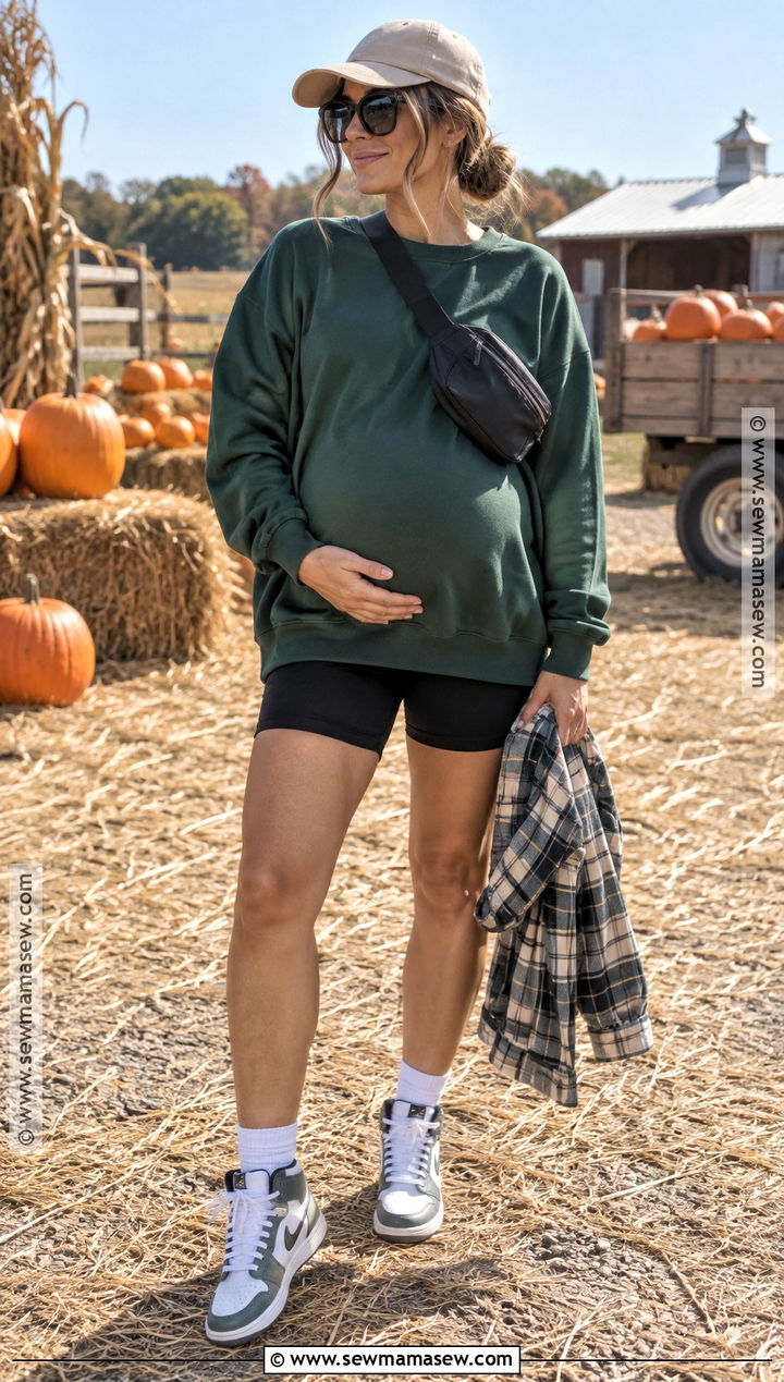 Oversized Sweatshirt With Biker Shorts And High Top Sneakers - 20 Pumpkin Patch Outfit Pregnant Ideas