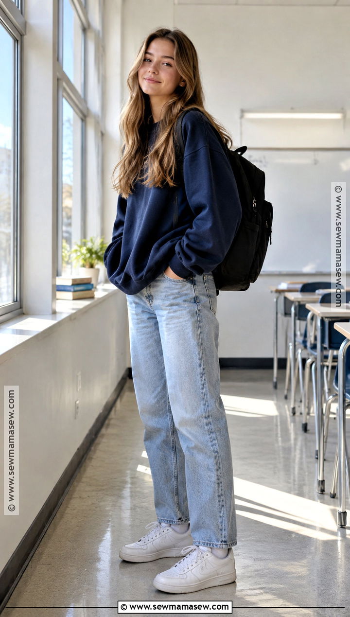 Oversized Sweatshirt and Straight Leg Jeans School Outfit - 15 back to school high school outfits