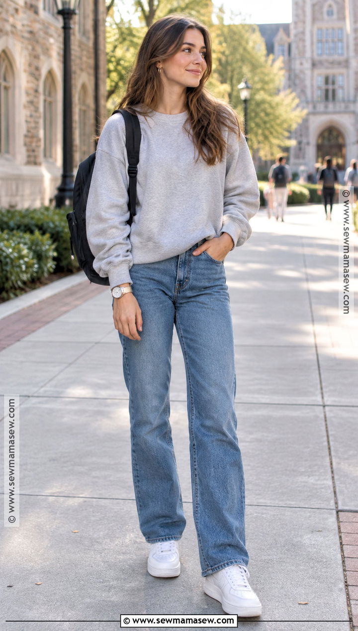 Oversized Sweatshirt and Straight Leg Jeans University Outfit - 15 back to school university outfits