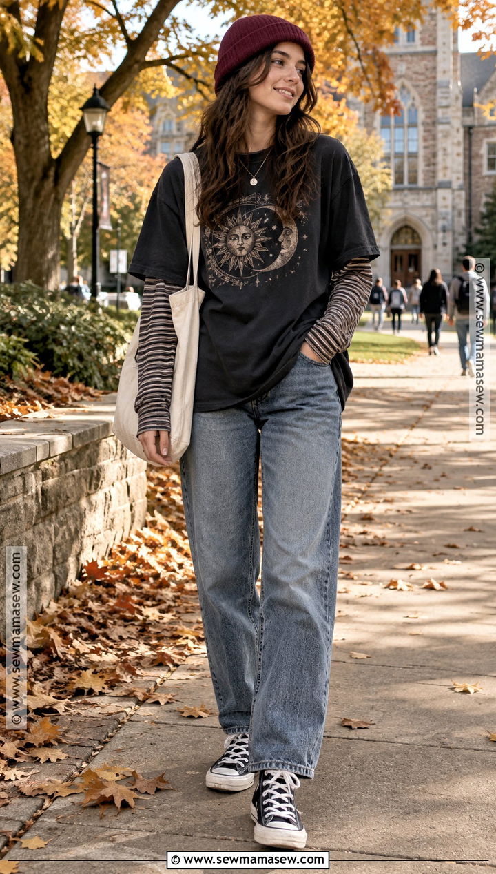 Oversized T Shirt Over a Long Sleeve Top With Jeans - 20 oversized tshirt outfit fall ideas