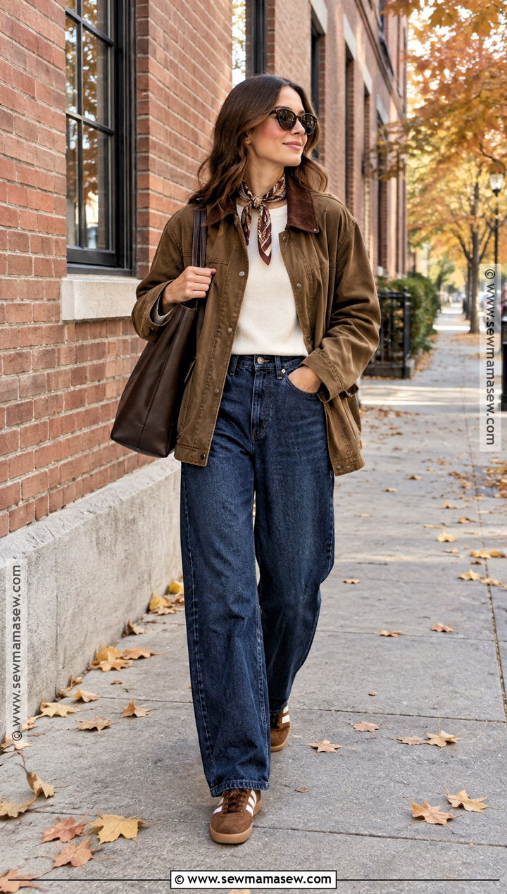 Oversized T Shirt With Barrel Jeans and Barn Jacket - 20 oversized tshirt outfit fall ideas
