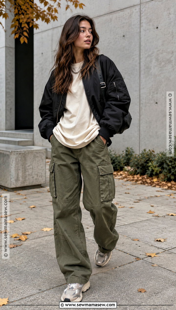 Oversized T Shirt With Cargo Pants and Bomber Jacket - 20 oversized tshirt outfit fall ideas