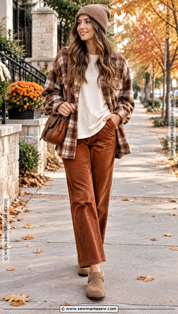Oversized T Shirt With Corduroy Pants And A Shacket - 15 oversized tshirt fall outfits