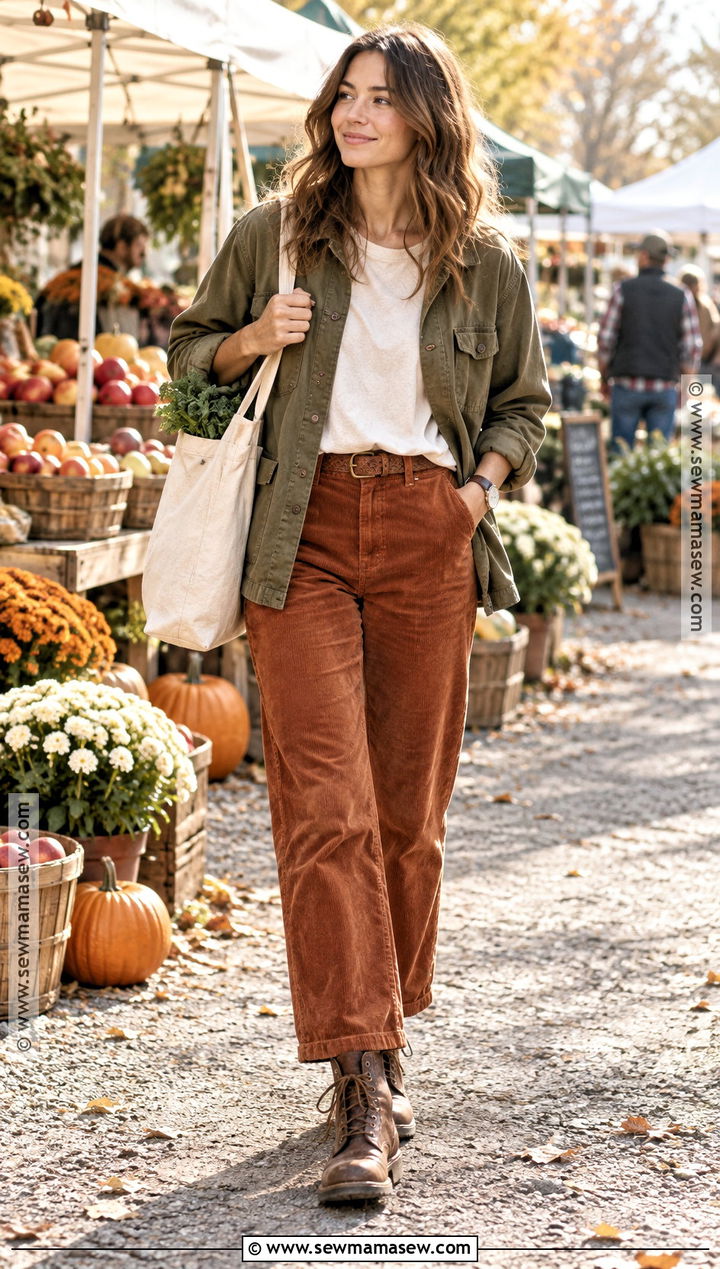 Oversized T Shirt With Corduroy Pants and Chore Jacket - 20 oversized tshirt outfit fall ideas