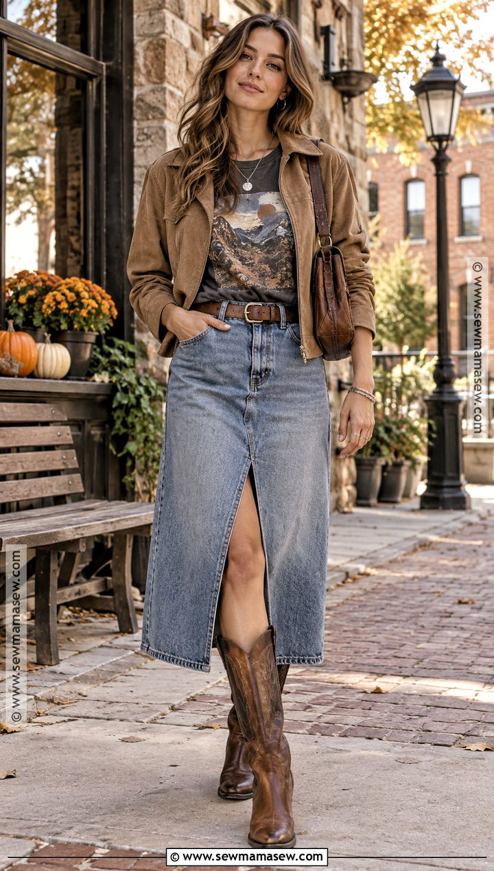 Oversized T Shirt With Denim Midi Skirt and Western Boots - 20 oversized tshirt outfit fall ideas