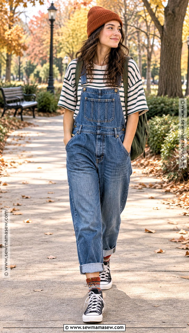 Oversized T Shirt With Denim Overalls and Sneakers - 20 oversized tshirt outfit fall ideas