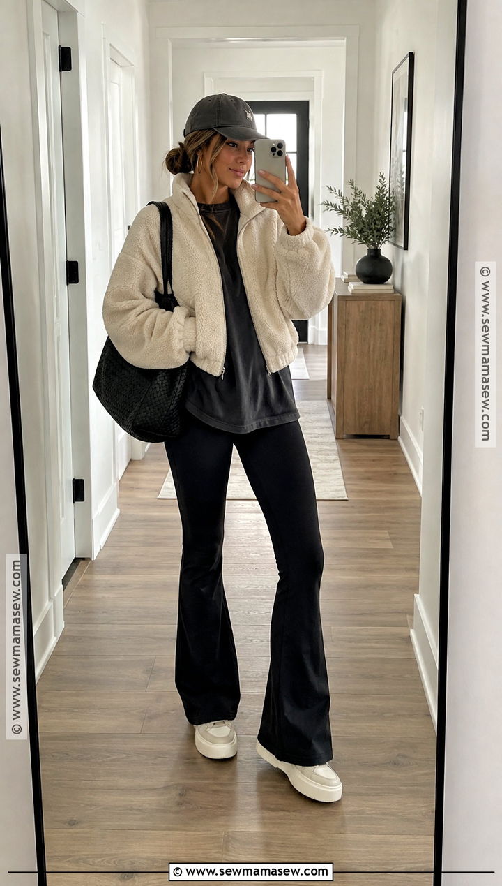 Oversized T Shirt With Flared Leggings and Fleece Jacket - 20 oversized tshirt outfit fall ideas