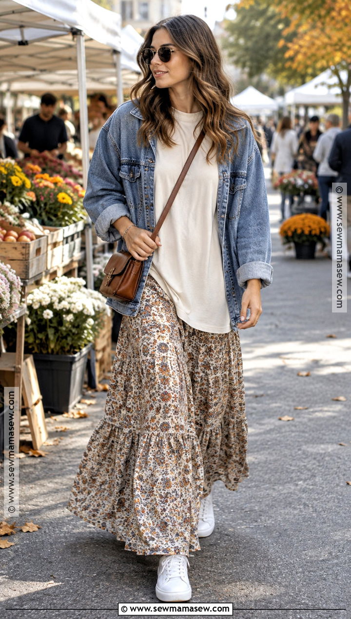 Oversized T Shirt With Maxi Skirt and Denim Jacket - 20 oversized tshirt outfit fall ideas
