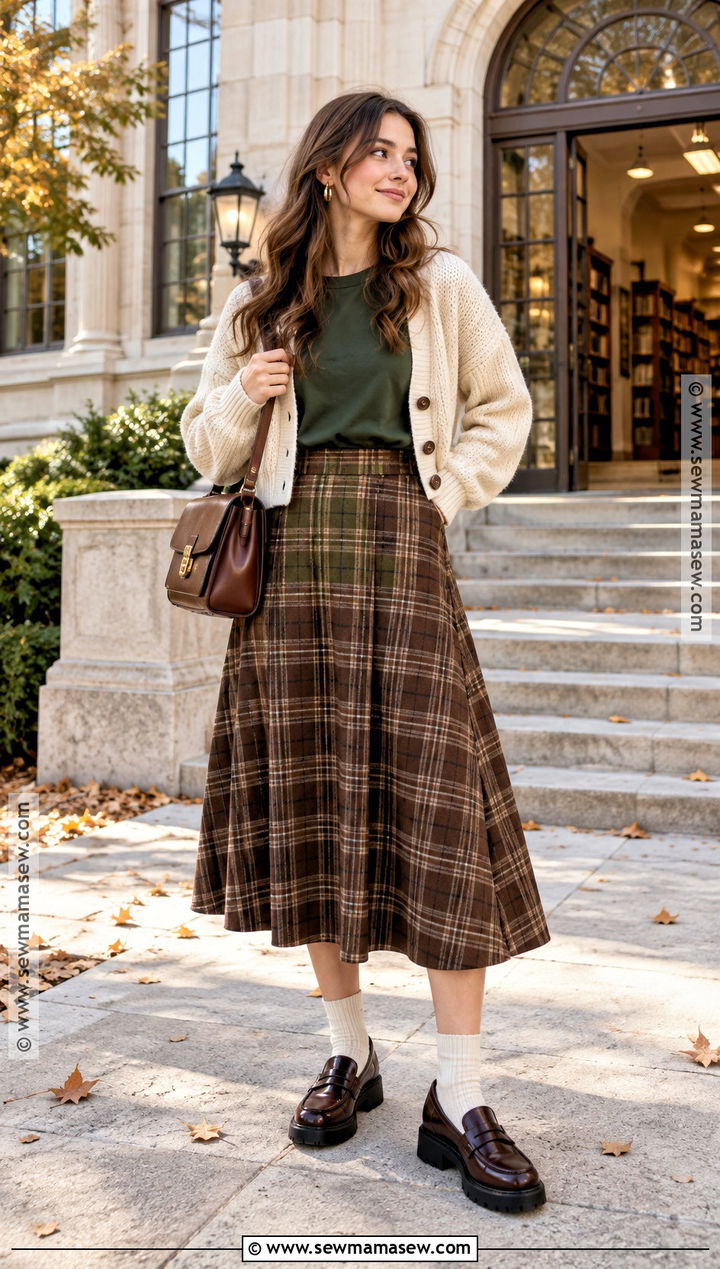 Oversized T Shirt With Plaid Skirt and Loafers - 20 oversized tshirt outfit fall ideas