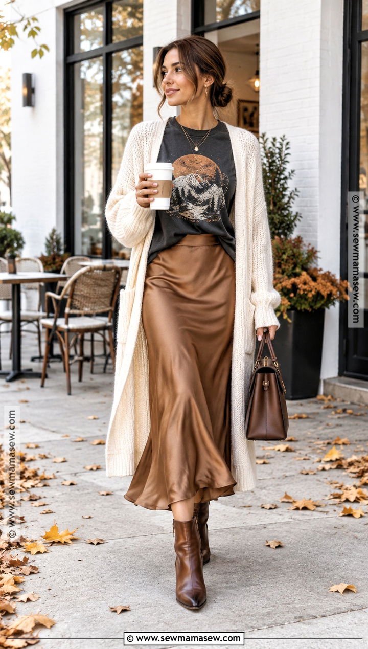 Oversized T Shirt With Slip Skirt and Long Cardigan - 20 oversized tshirt outfit fall ideas