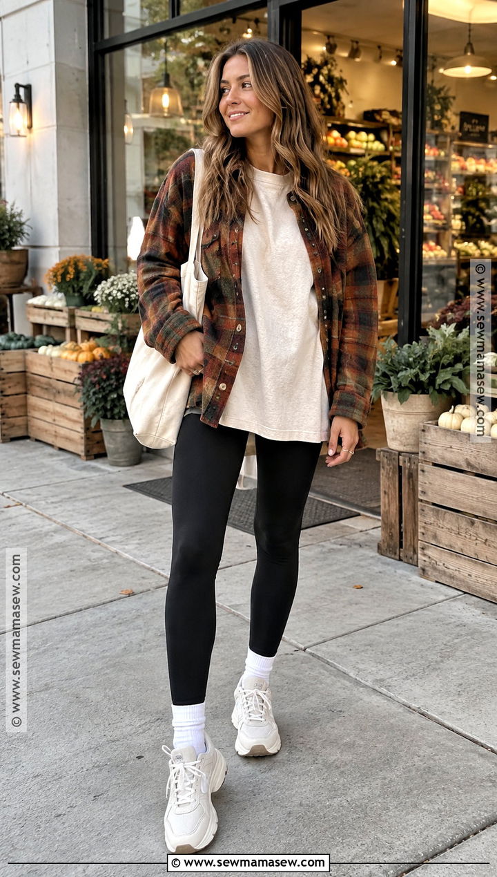 Oversized Tee With Leggings And Plaid Shacket - 20 Fall Tees Ideas
