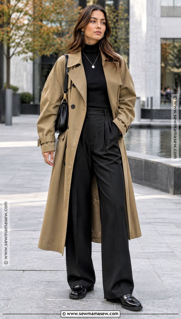 Oversized Trench Coat Outfit With Wide Leg Pants - 25 autumn coat ideas