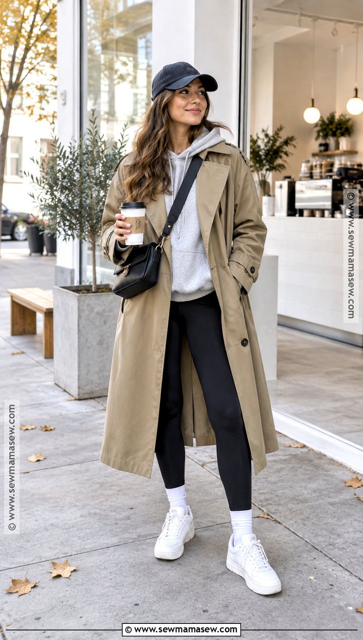 Oversized Trench Coat With Hoodie And Leggings - 25 trench coat outfit fall ideas