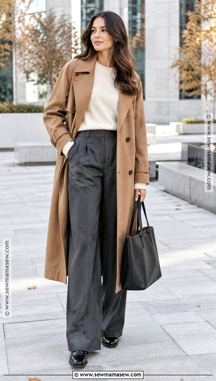 Oversized Trench Coat With Knit Sweater And Wide Leg Pants - 20 Trench Coat Outfit Autumn Ideas
