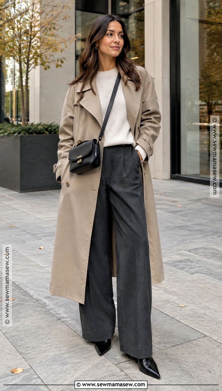 Oversized Trench Coat With Knit Sweater And Wide Leg Trousers - 15 trench coat outfit 2026 fall ideas