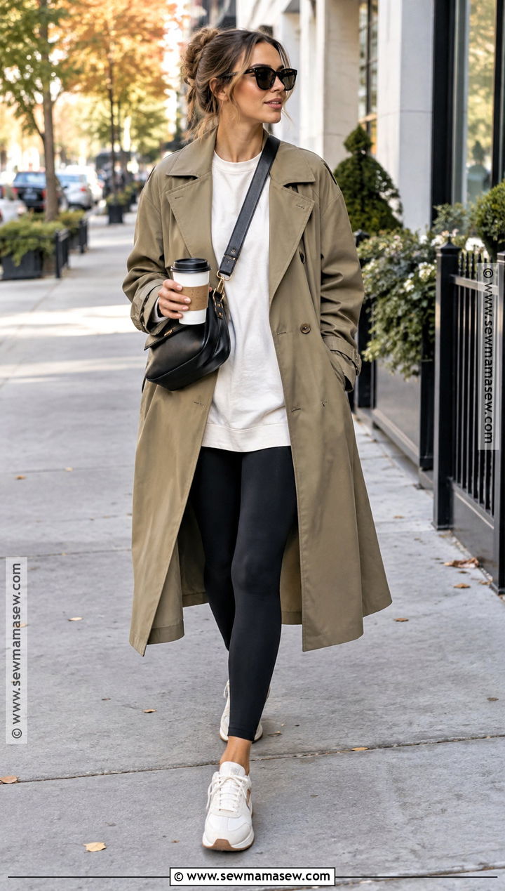 Oversized Trench Coat With Leggings And Sneakers - 20 autumn outfits trench coat
