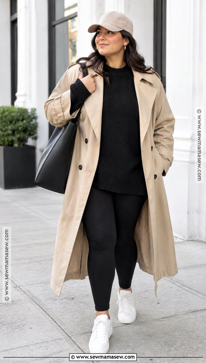 Oversized Trench Coat With Leggings And Sneakers - 15 fall trench coat outfit ideas