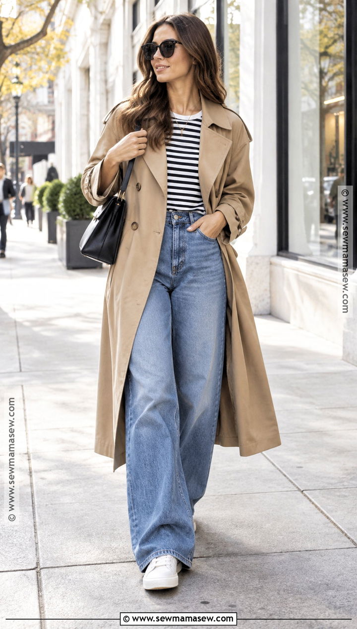 Oversized Trench Coat With Striped Tee And Wide Leg Jeans - 15 casual fall trench coat ideas