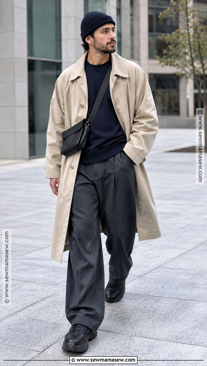 Oversized Trench Coat With Sweatshirt And Wide Leg Pants - 15 men's autumn trench coat ideas