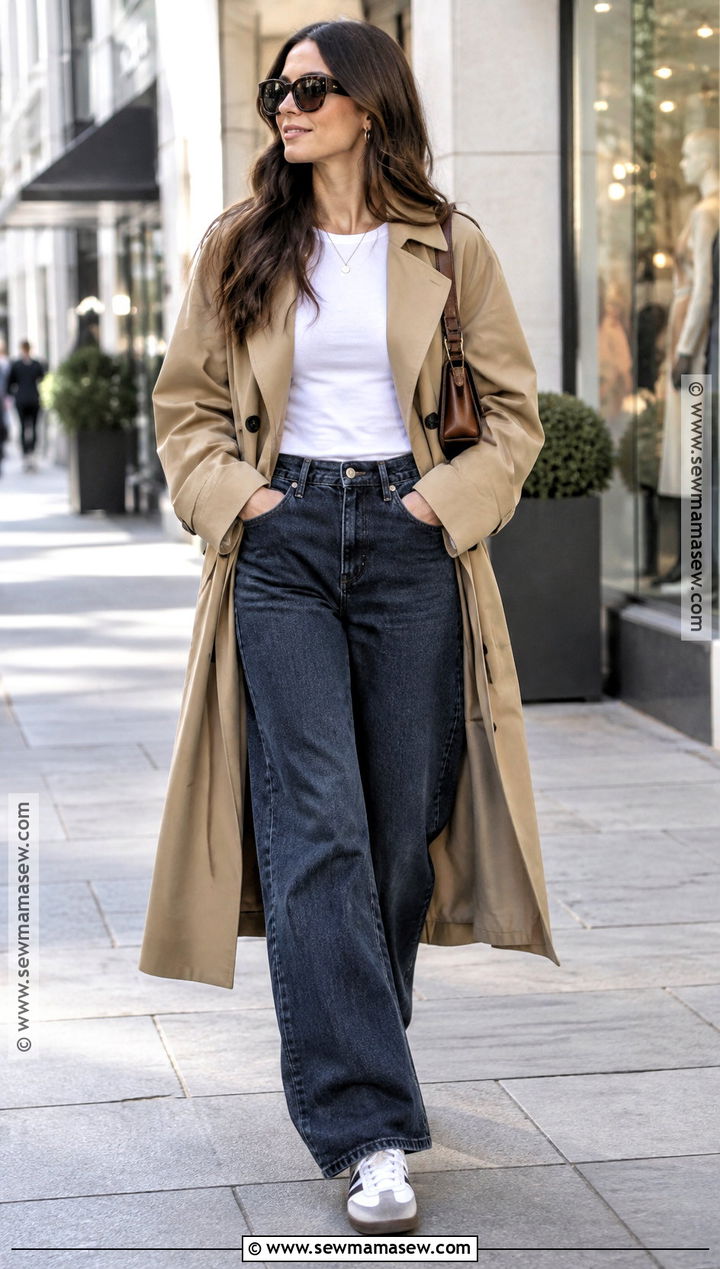 Oversized Trench Coat With White Tee And Wide Leg Jeans - 15 autumn trench coat ideas for women