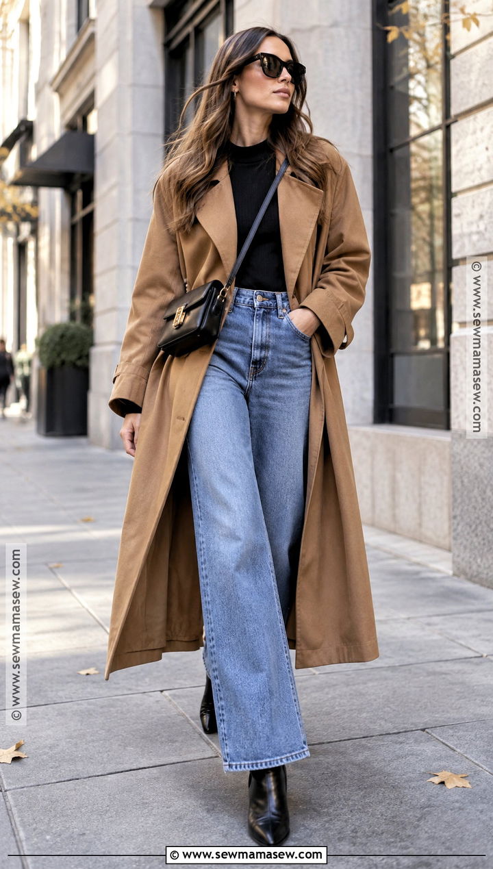 Oversized Trench Coat With Wide Leg Jeans - 20 autumn trench coat outfit ideas