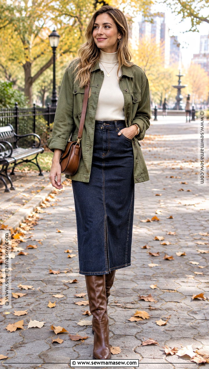 Oversized Utility Jacket and Denim Skirt Fall Outfit - 20 oversized fall outfits